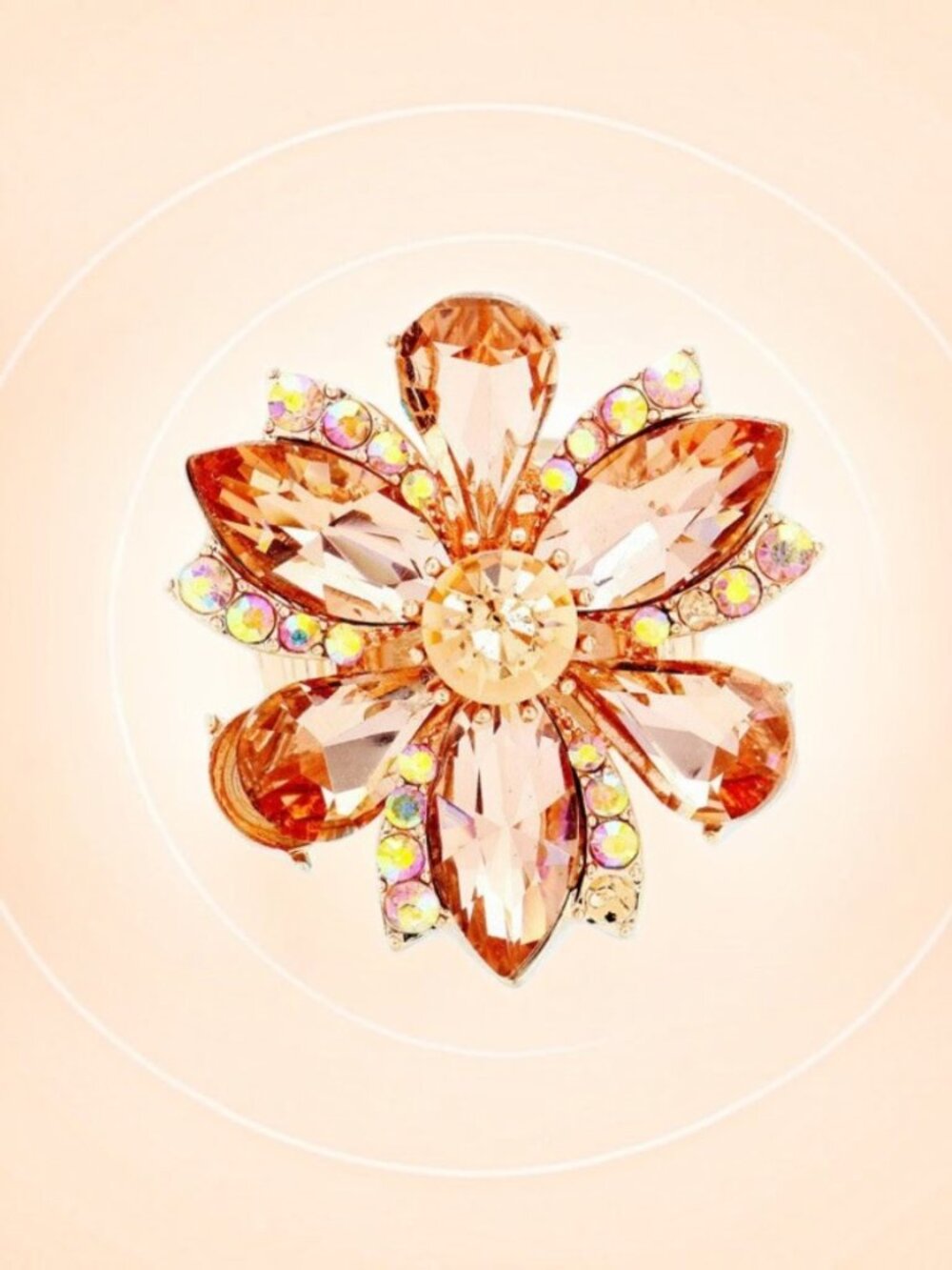 Peach & Rose Gold Marquise Flower Glass Stone Stretch Cocktail Ring